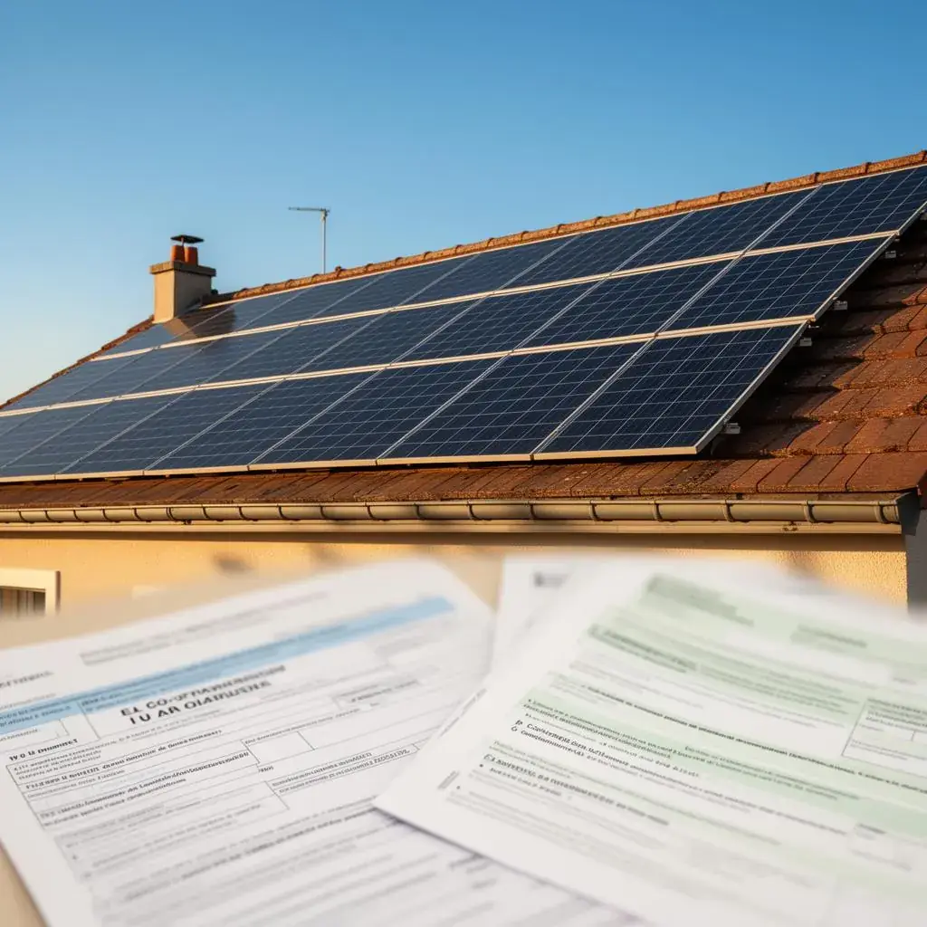 Panneaux photovoltaïques sur une maison française avec documents administratifs d'aides au premier plan