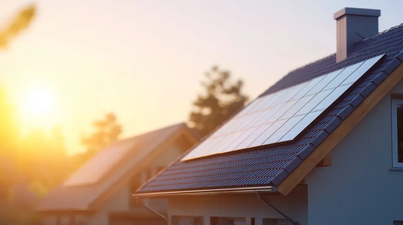 Maison équipée de panneaux solaires sur le toit au coucher du soleil
